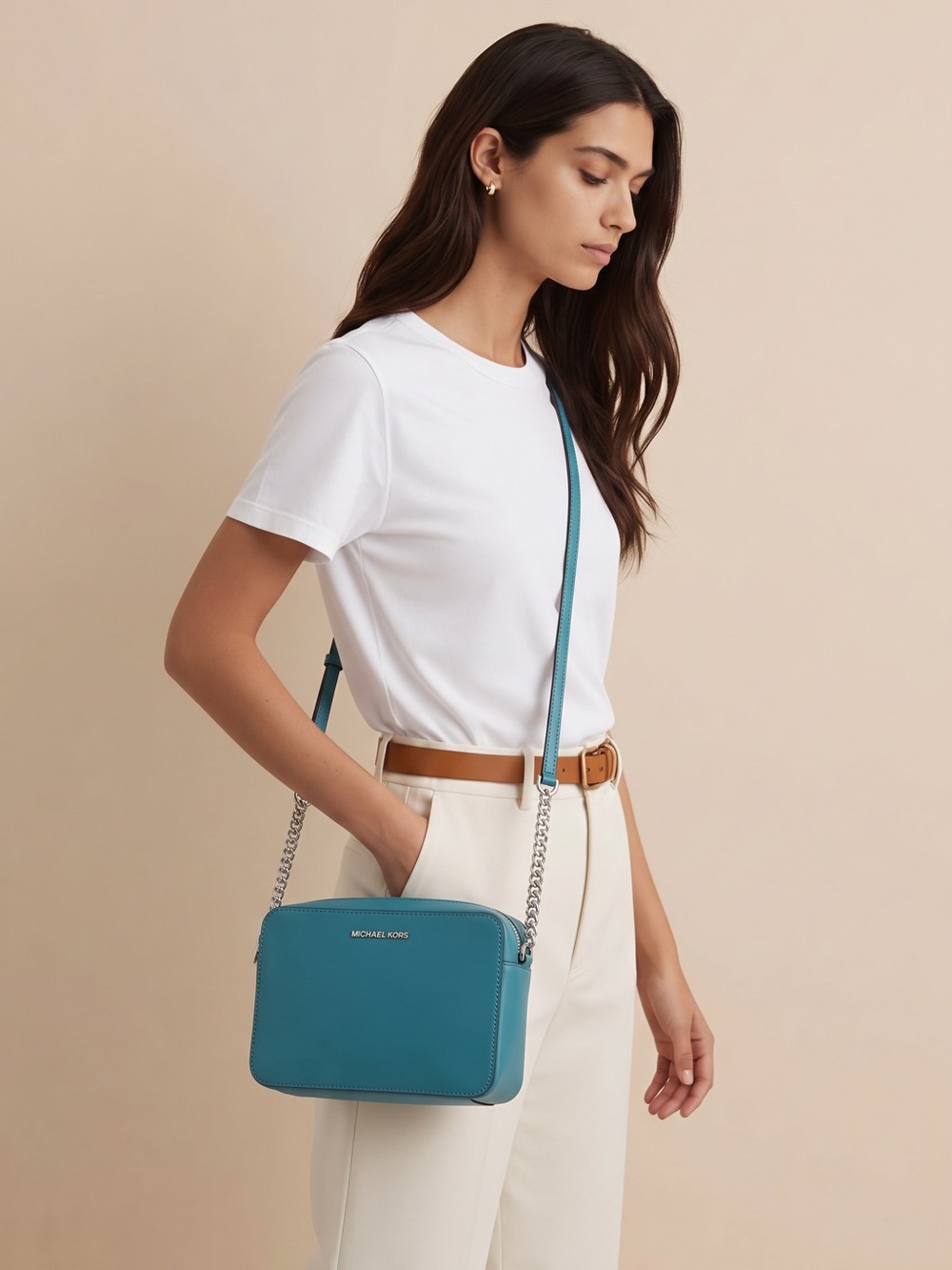 Michael Kors Teal Leather Messenger Bag with Silver Hardware